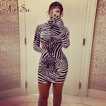 Zebra Print Women Mini Dress Long Sleeve With Gloves Turtleneck Bodycon